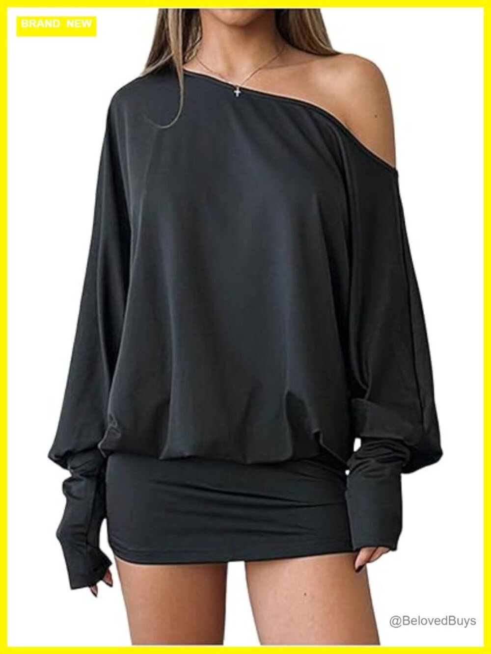 Off Shoulder Long Sleeve Bodycon Mini Dress with Thumb Holes